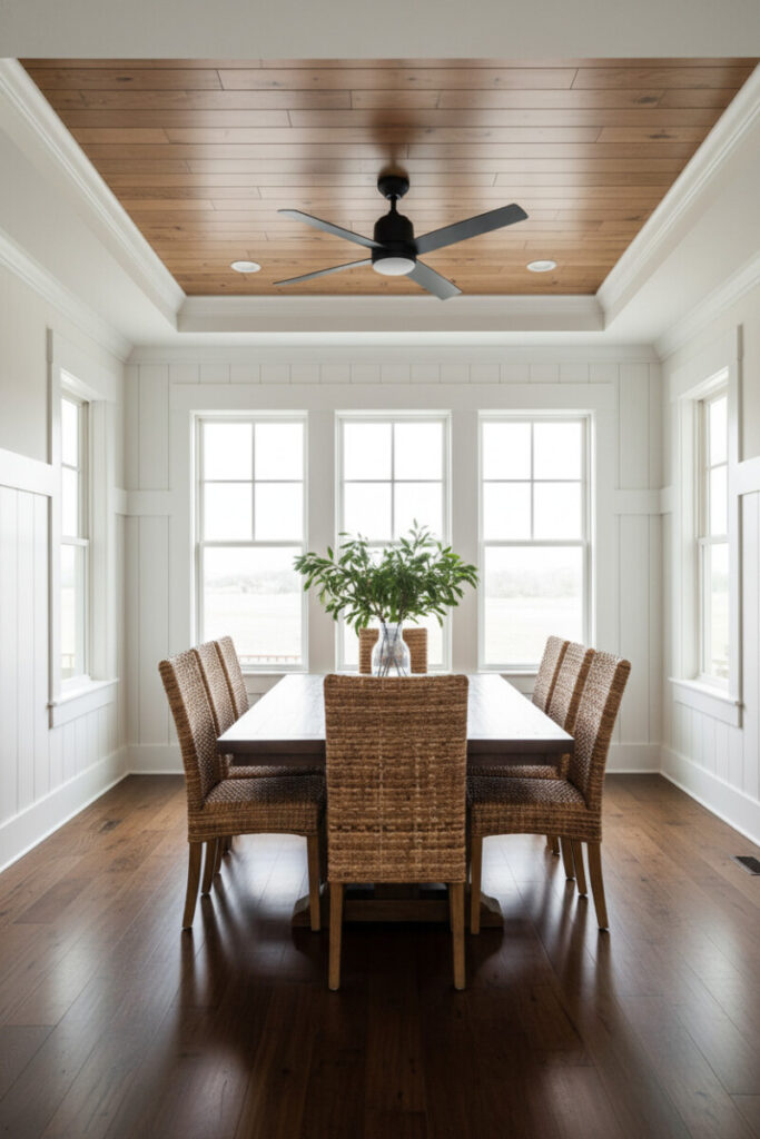 Dining room with tray ceiling inset in warm-brown shiplap, crisp moldings, and matte-black fan—Shiplap Ceiling Designs illustrating painted shiplap ceiling ideas.