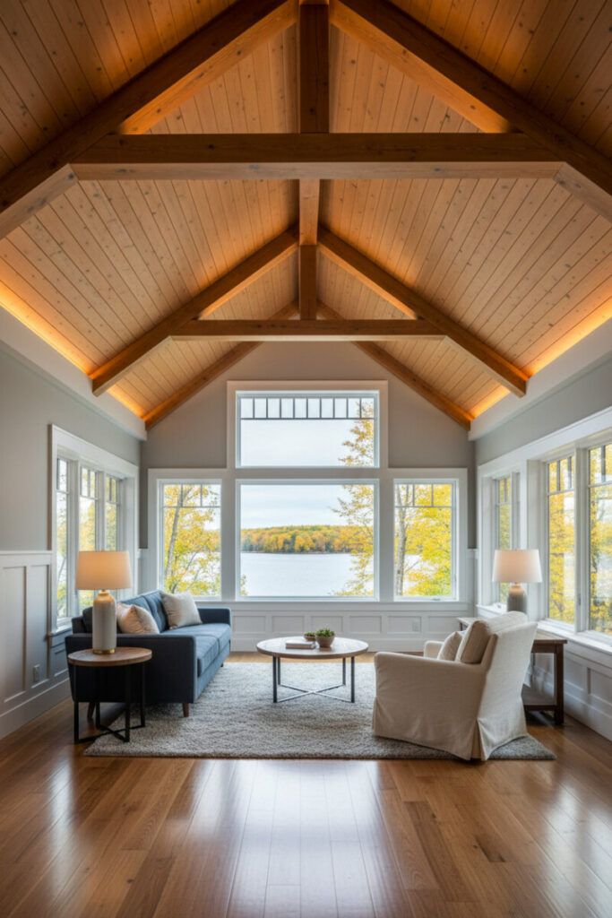 Amber-uplit sunroom with exposed timber beams and shiplap, blue-gray wainscoting, and lake view—atmospheric Shiplap Ceiling Designs and shiplap ceiling designs with beams.