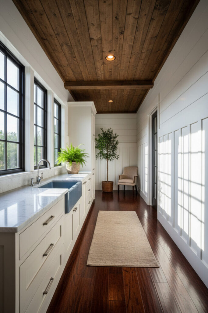 Narrow mudroom with flat distressed-wood shiplap ceiling, black-grid windows, and marble counter—functional, cinematic Shiplap Ceiling Designs.