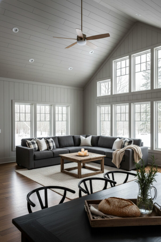 Winter great room with taupe-gray vaulted shiplap and bronze fan, snowy views, and cozy textures—painted shiplap ceiling ideas within inviting Shiplap Ceiling Designs.