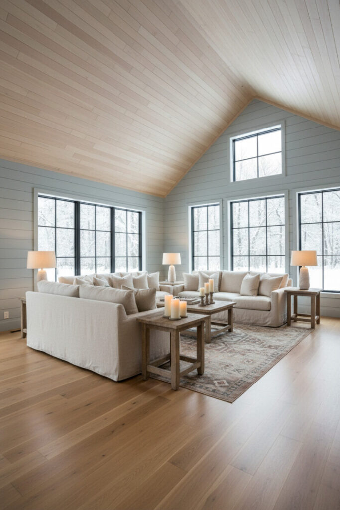 Tranquil living room with light-wood cathedral shiplap, misty-blue walls, and black-mullioned glass—airy coastal farmhouse ceilings interpretation.