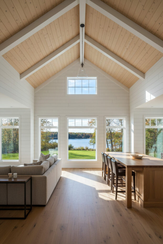 Luminous open plan with natural pine shiplap between white rafters, lake view, and glass cloche pendant—coastal farmhouse ceilings and shiplap ceiling designs with beams.