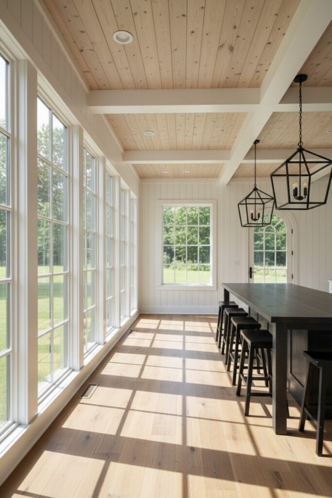 Sunroom with knotty pine shiplap, white beams, recessed rounds, and black lantern pendants—woodland-inspired shiplap ceiling designs with beams.