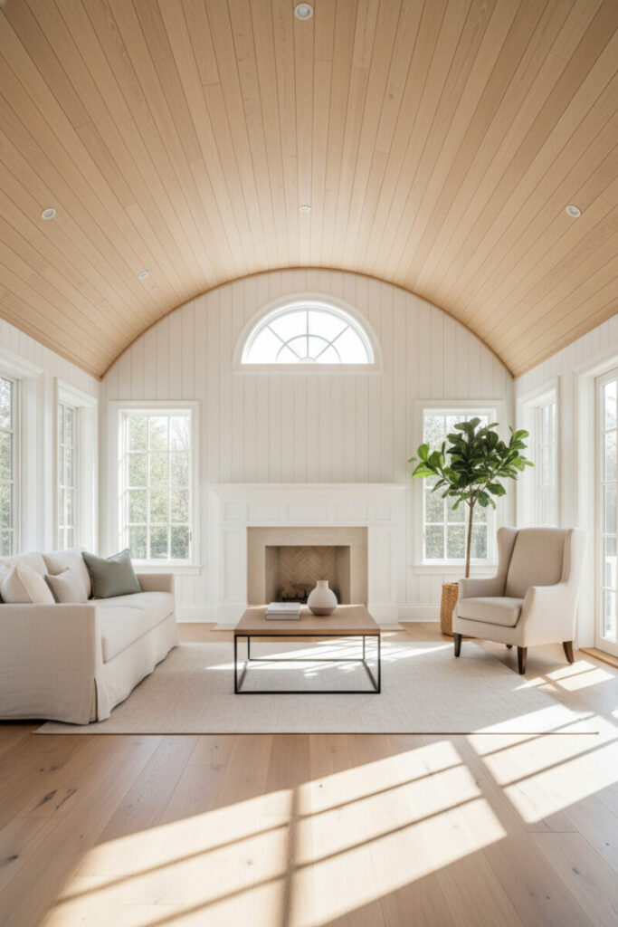 Sun-flooded sunroom with barrel-vault shiplap, arched window, and fireplace; wide-plank floor highlights the graceful curve—classic Shiplap Ceiling Designs.