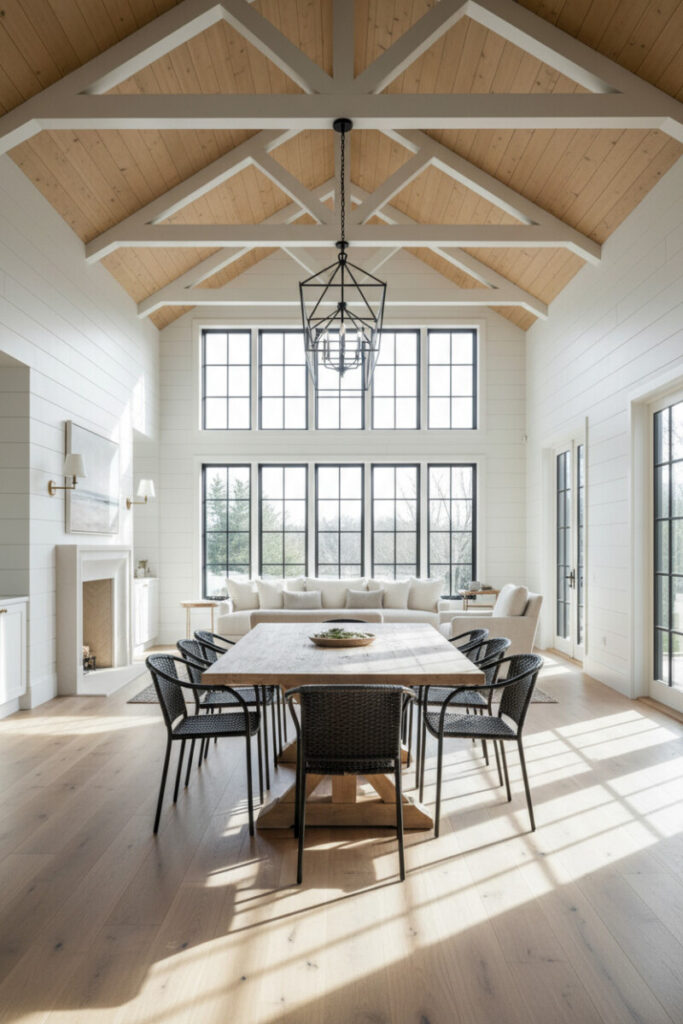 Open-concept dining and lounge under light-oak cathedral shiplap and white beams; woven seats and black-grid windows—coastal farmhouse ceilings and shiplap ceiling designs with beams.