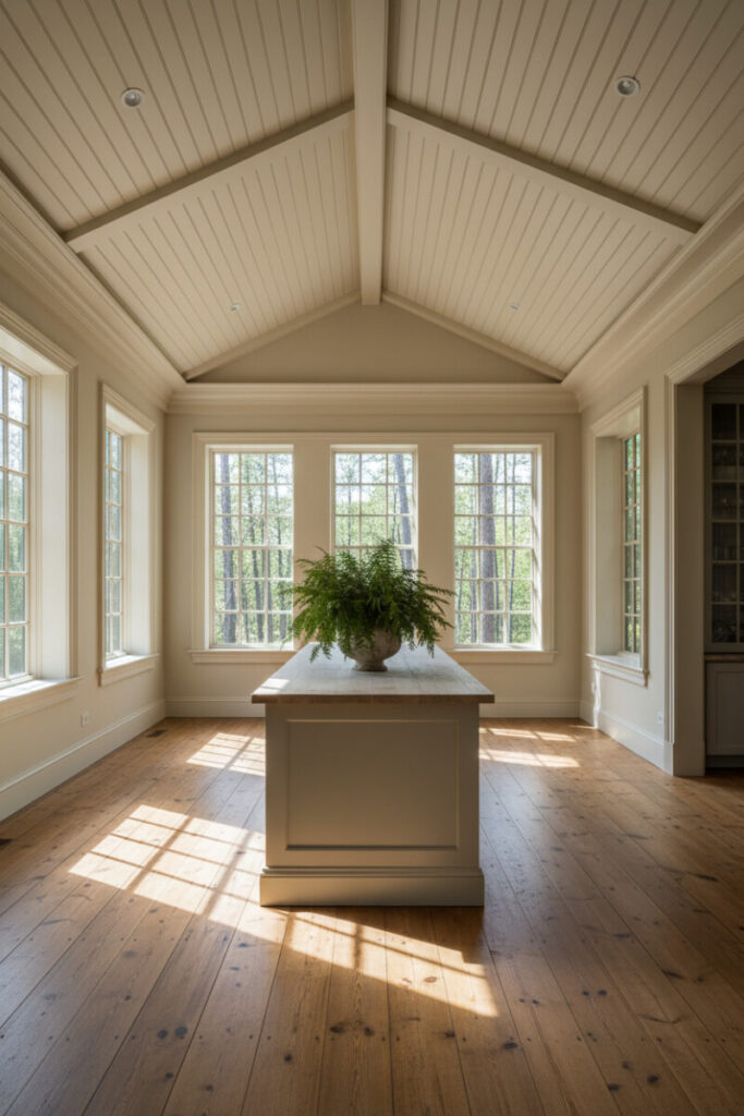 Rustic-modern hall with creamy vaulted shiplap and greige work island; tall divided-light windows dramatize shadows—painted shiplap ceiling ideas done elegantly.