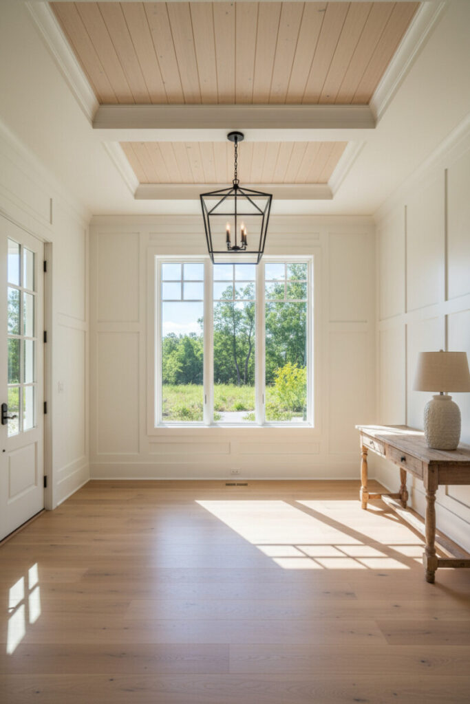 Formal foyer with coffered ceiling inset in white-oak shiplap, black lantern, and bright grid windows—welcoming Shiplap Ceiling Designs.