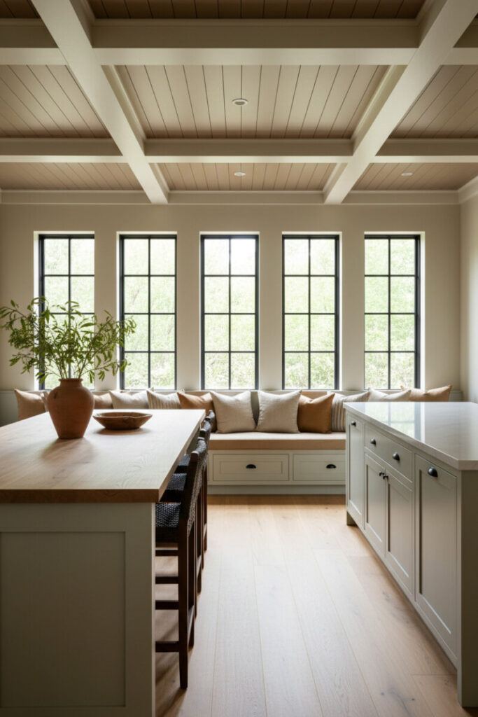 Kitchen–dining space with warm taupe shiplap coffers, black-framed windows, and woven stools—subtle Shiplap Ceiling Designs and shiplap ceiling designs with beams.