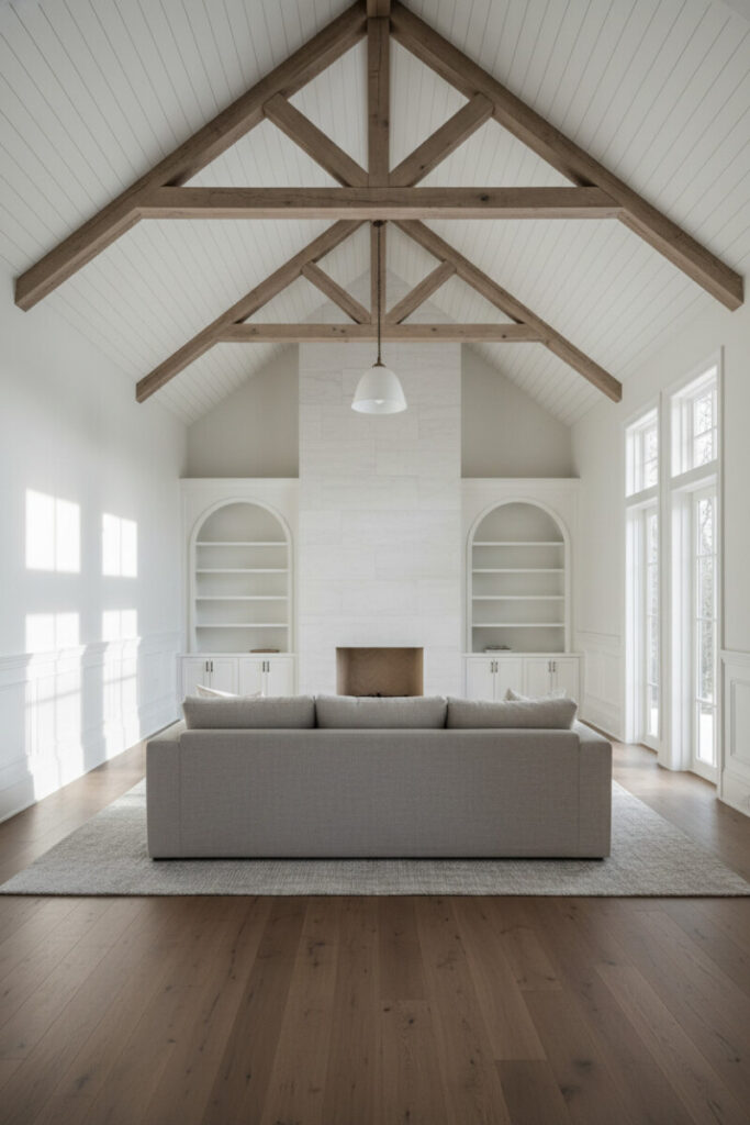 Symmetrical living room with white shiplap vault and driftwood-taupe trusswork—wood beam ceiling styles and shiplap ceiling designs with beams frame the fireplace.
