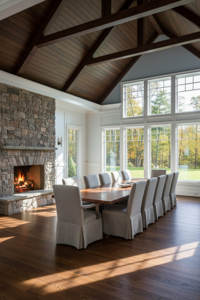 Grand dining hall with richly stained shiplap, exposed beams, long walnut table, and stone fireplace—majestic wood beam ceiling styles and shiplap ceiling designs with beams.