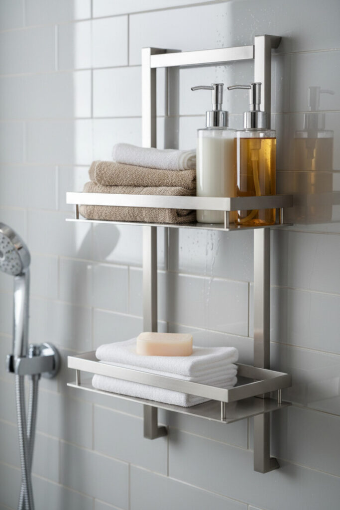 Adjustable brushed stainless steel multi-tier shower shelving on glossy gray subway tile with towels and soap.