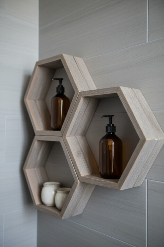 Cluster of interlocking hexagonal reclaimed wood shelves with amber pump and ceramic jars on matte gray marble.