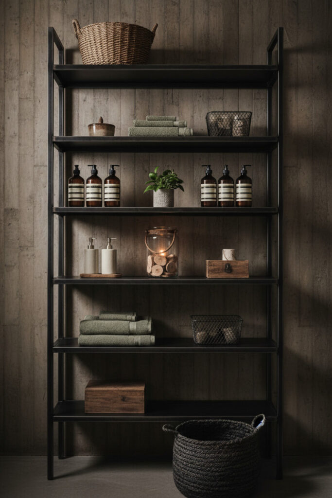 Industrial matte-black steel shelving against board-formed concrete, wicker baskets, folded towels, and amber bottles for bathroom storage.