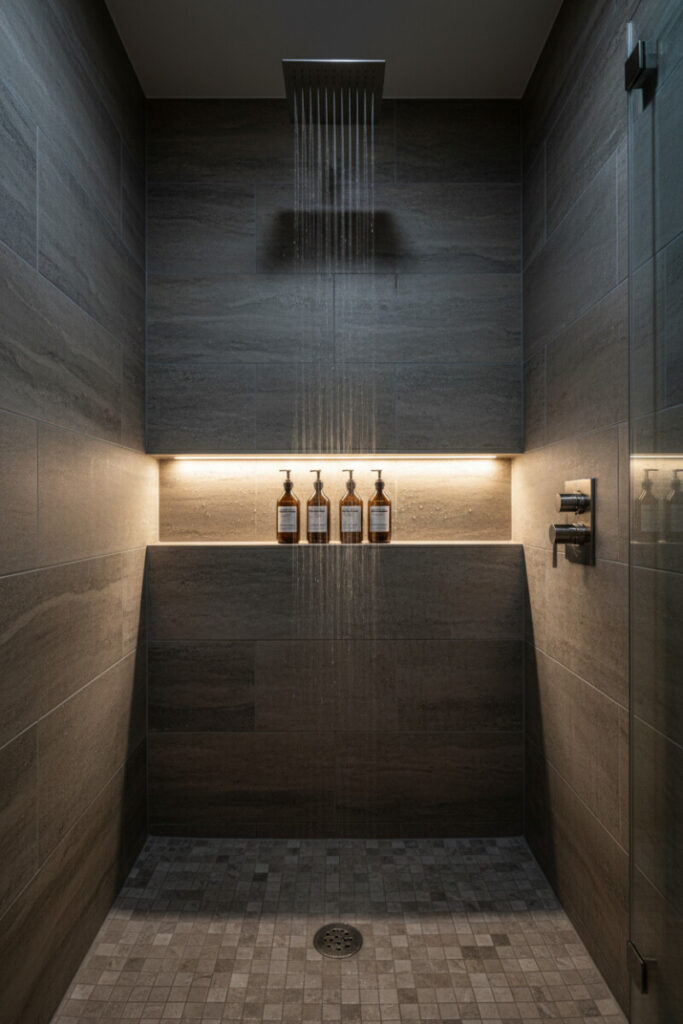 Wide recessed niche with warm LED strip glow highlighting four amber bottles—modern shower niche with LED lighting.