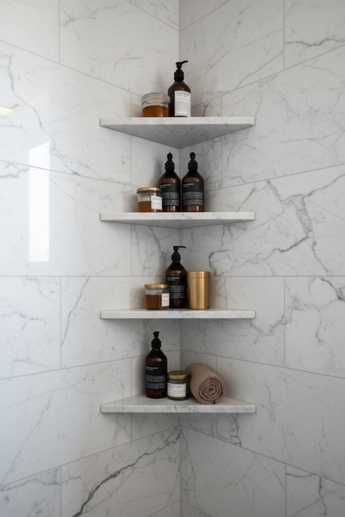 Three glossy Carrara marble corner tiers displaying amber glass, jars, and a rolled taupe towel—elegant Shower Shelf Ideas.