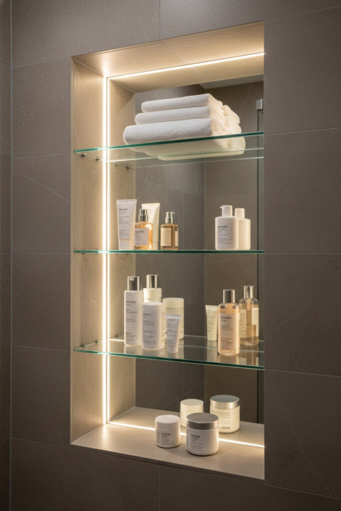 Mirror-backed niche with three clear glass shelves, warm LEDs, and neatly arranged neutral-toned bottles for shower organization.