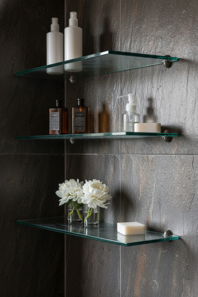 Trio of clear glass floating shelves on dark slate with white bottles, amber rectangles, and white soap—refined Shower Shelf Ideas.
