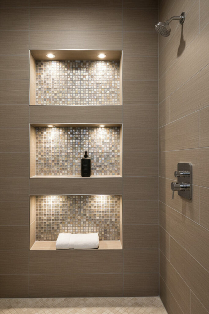 Vertical stack of niches with iridescent mosaic backs and spotlighting, each holding a single curated item.