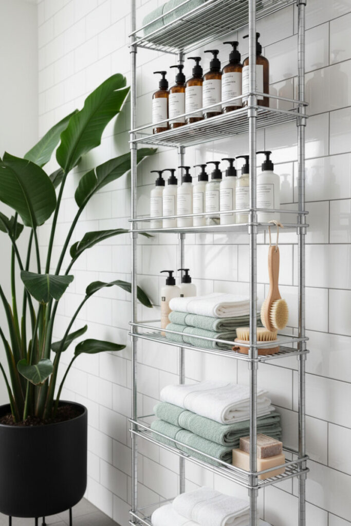 Chrome multi-tier wire rack beside a green plant, stocked with white and seafoam towels and minimalist bottles for bathroom storage.
