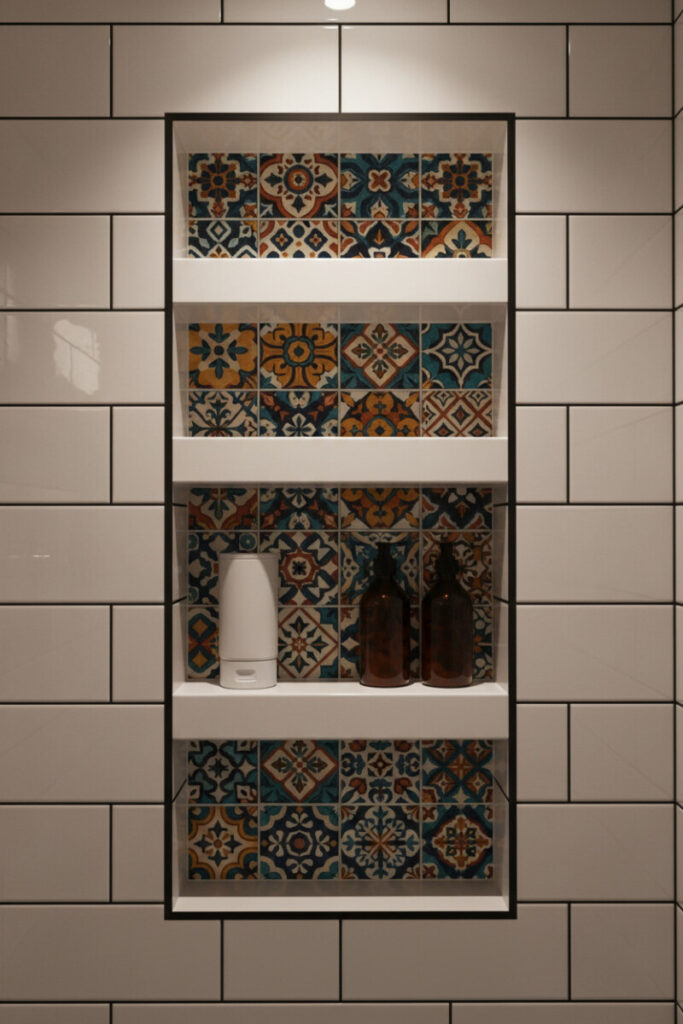 Patterned Moroccan-style tiled niche framed by glossy white shelves with amber and white dispensers—bold Shower Shelf Ideas.