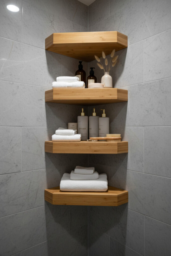 Warm bamboo corner shelves styled with white towels, amber bottles, and a scrub brush against polished marble.