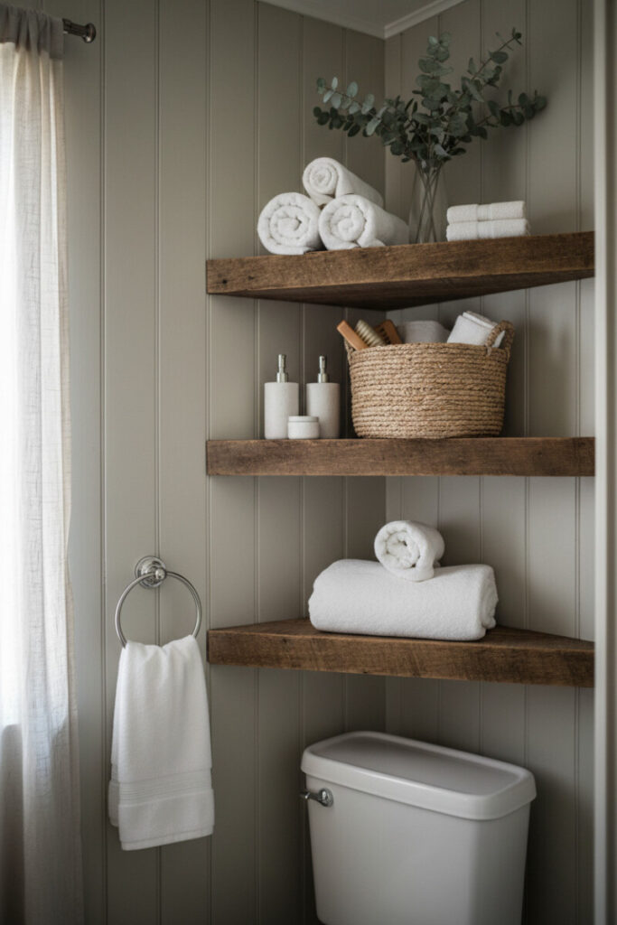 Rustic farmhouse corner with distressed wood shelves above a toilet, woven basket, white dispensers, and rolled towels.