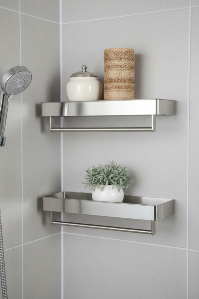 Two brushed aluminum wall shelves with integrated towel bars on dove-gray tile, jars and small plant—streamlined Shower Shelf Ideas.