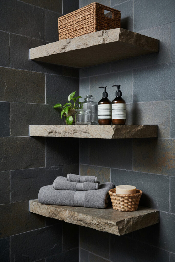 Three natural stone slabs with chiseled edges cantilevered from dark slate, styled with gray towels and amber bottles.