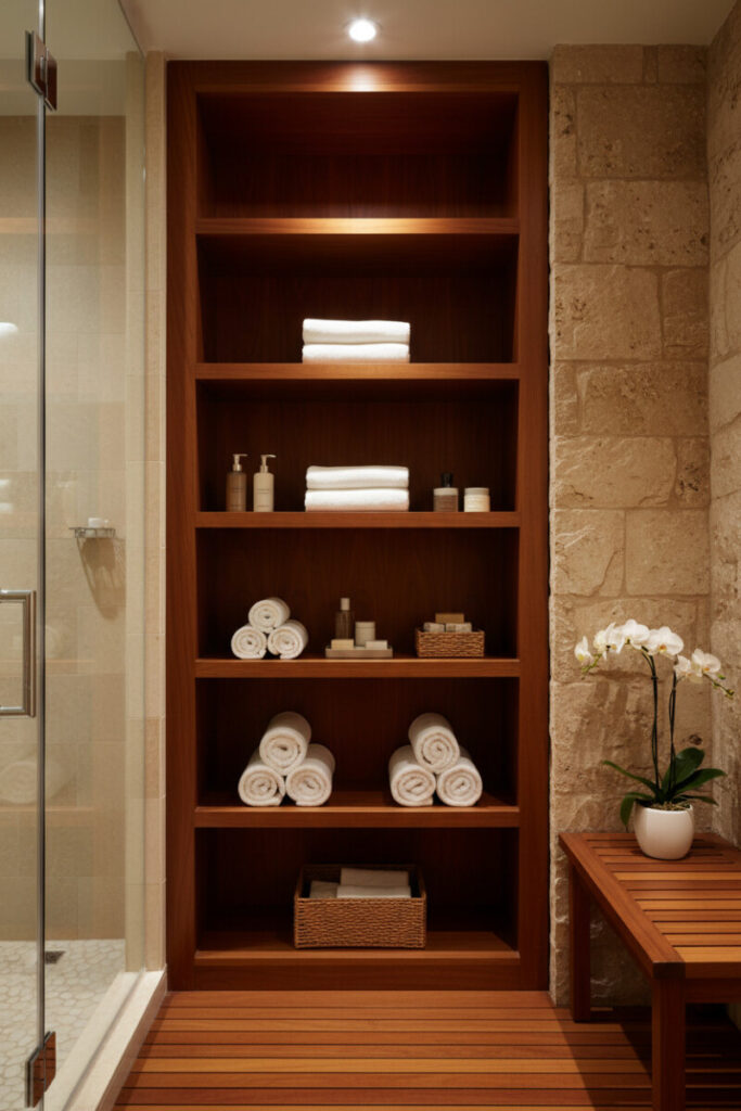 Floor-to-ceiling teak shelving wall with bright white towels, spa bottles, and rattan accents—luxury bathroom storage.