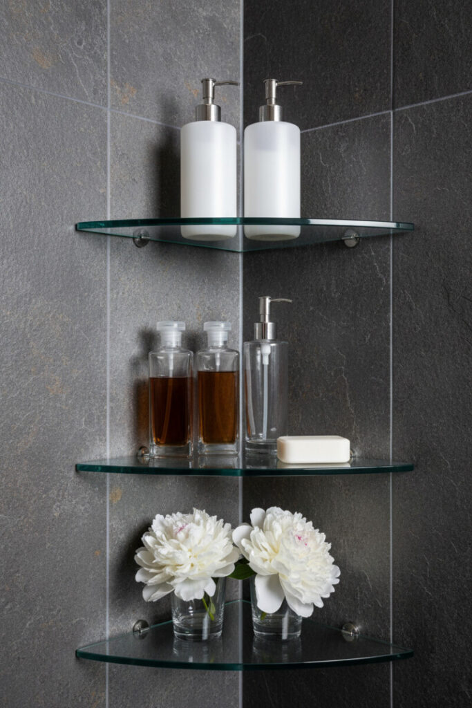 Tempered glass corner shelves on deep charcoal tile with white pumps, amber bottles, and flowers—corner shower shelf ideas for small bathrooms.