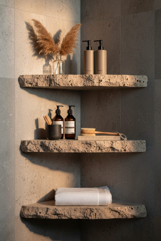 Raw-cut travertine corner shelves with matte beige and amber bottles, wood brush on stone tray, and a folded white towel.