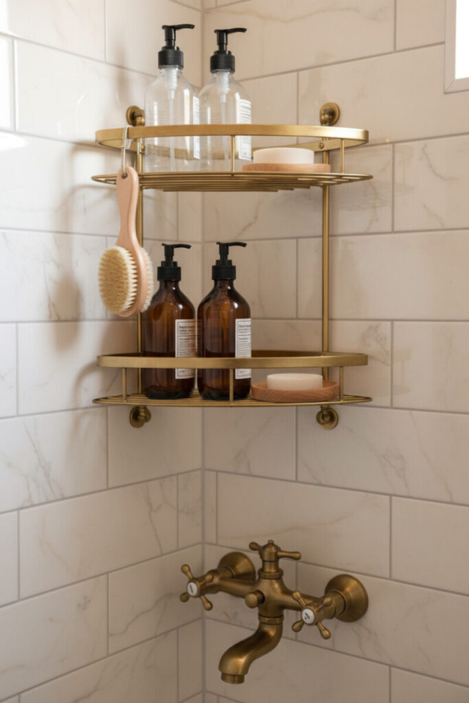 Vintage brass two-tier caddy with railings, glass and amber pumps, wooden soap dish, and bar soap on creamy subway tile—classic Shower Shelf Ideas.