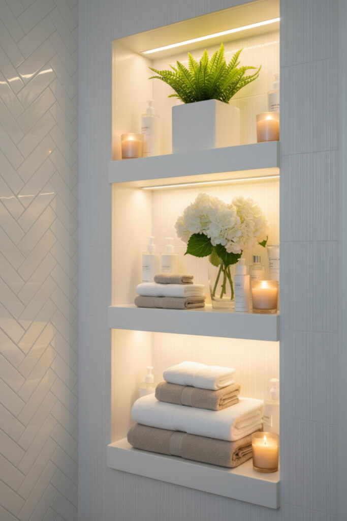 All-white recessed shelves with warm under-shelf LEDs displaying towels, clear bottles, hydrangeas, and candles—modern shower niche with LED lighting.
