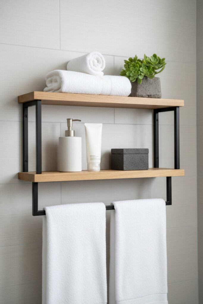Wood-and-matte-black framed shelving with rolled towels, succulent, white dispenser set, and towel bar—smart bathroom storage.