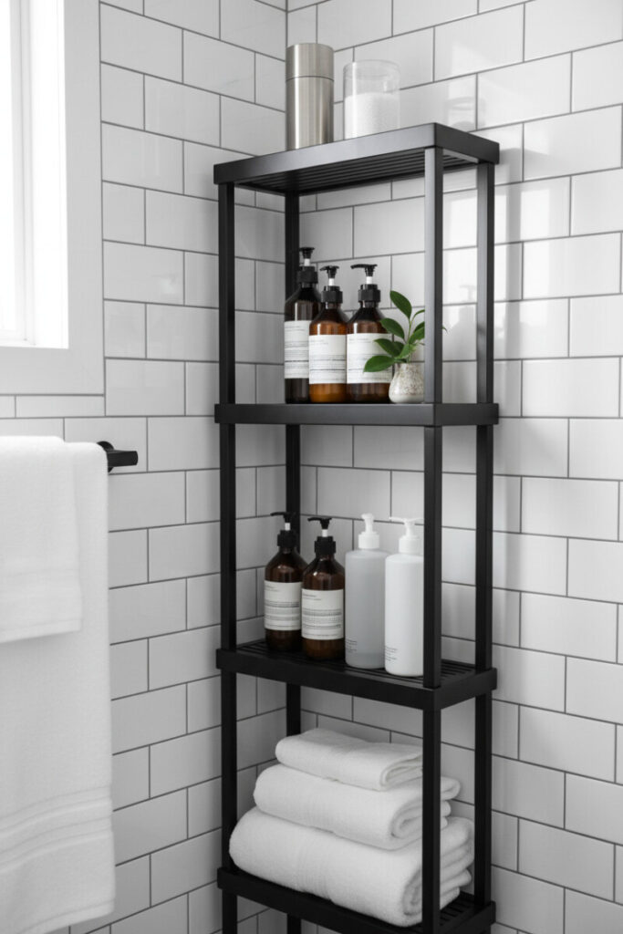 Tall matte-black metal shower rack with slatted tiers, folded white towels, and apothecary bottles for bathroom storage.