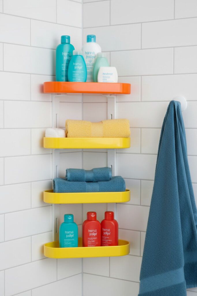 Kid-friendly stack of orange and yellow plastic shelves filled with colorful toiletries and rolled towels for shower organization.