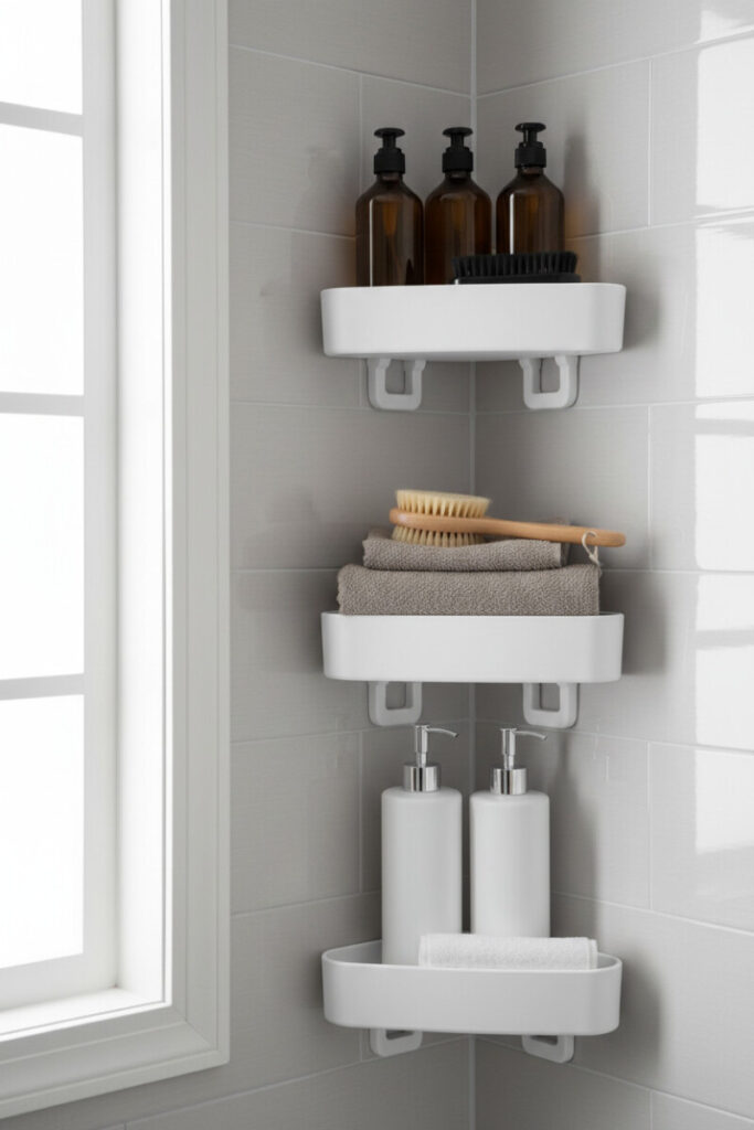 Three compact white plastic corner units on light gray tile with amber bottles and folded towels—corner shower shelf ideas for small bathrooms.