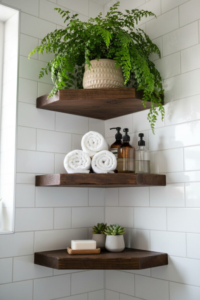 Rustic reclaimed wood floating shelves with plant holders, rolled towels, and dispensers against bright white tile.
