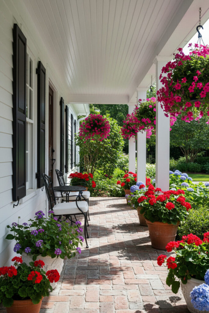 Covered porch lined with overflowing petunias, geraniums, verbena, and hydrangeas, black iron chairs on brick—classic flowering backyard patio designs.