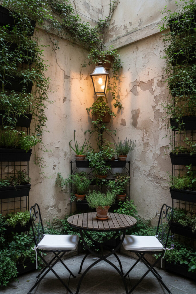 French bistro courtyard with round wood table, wrought-iron chairs, stucco walls and vertical garden—romantic Small Patio Ideas for privacy.