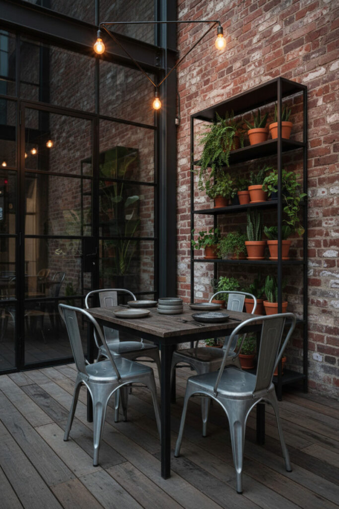 Industrial patio with rustic wood table, galvanized Tolix chairs, brick wall, and plant-filled metal shelf—Small Patio Ideas for urban backyard patio designs.