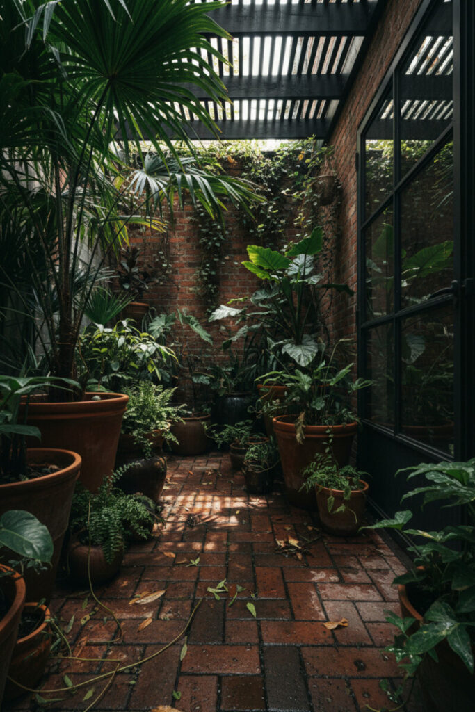 Lush urban jungle patio with palms, ferns, terracotta pots, slatted pergola shadows—immersive Small Patio Ideas for privacy.