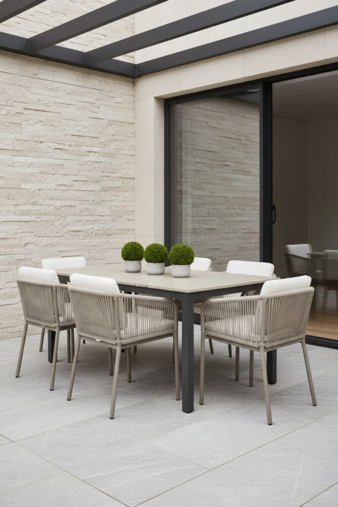 Minimalist dining set with composite slat table, rope-back chairs, light stone pavers, and boxwood spheres—refined Small Patio Ideas for modern backyard patio designs.