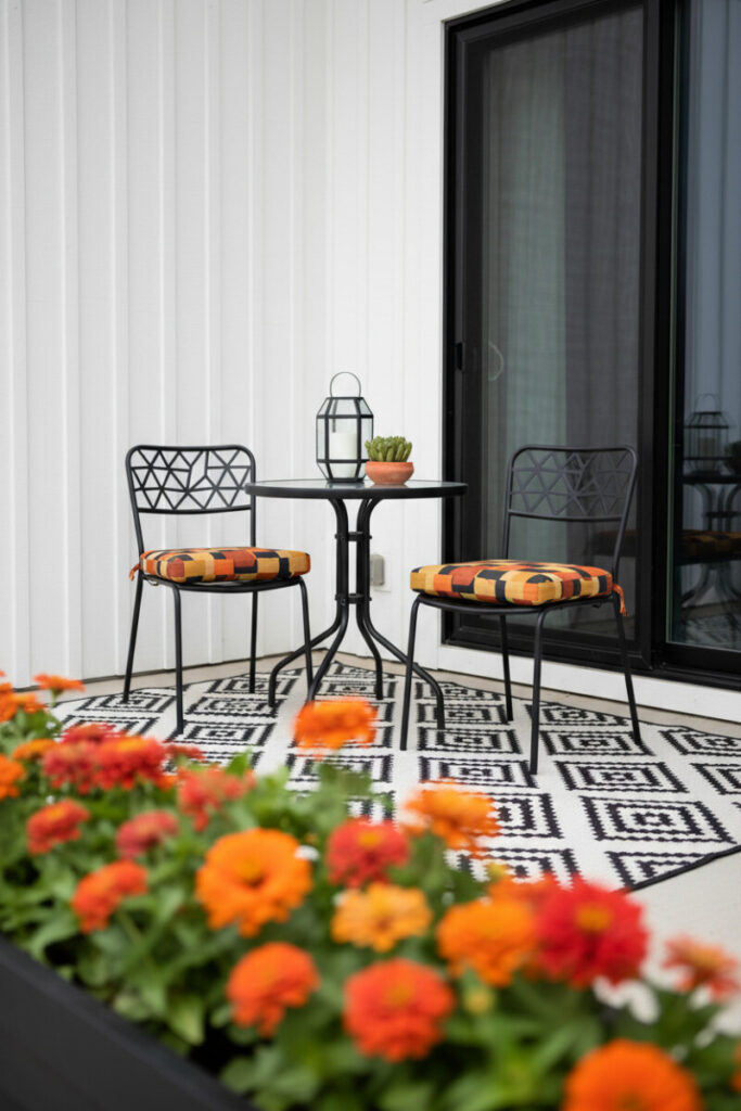 Graphic modern patio with black-and-white rug, lattice-back bistro chairs, bold orange cushions, and zinnia planter—patio decorating tips for geometry-forward Small Patio Ideas.