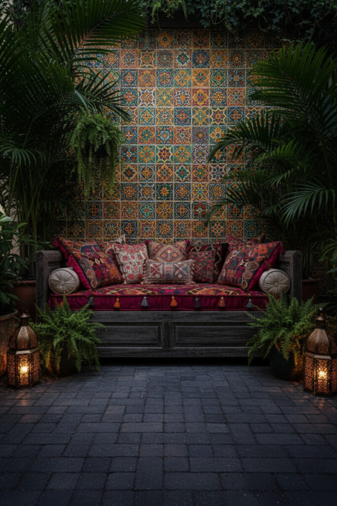 Moroccan-inspired patio with jewel-toned encaustic-tile wall, lanterns casting patterns, dark pavers, and tropical plants—dramatic Small Patio Ideas at twilight.