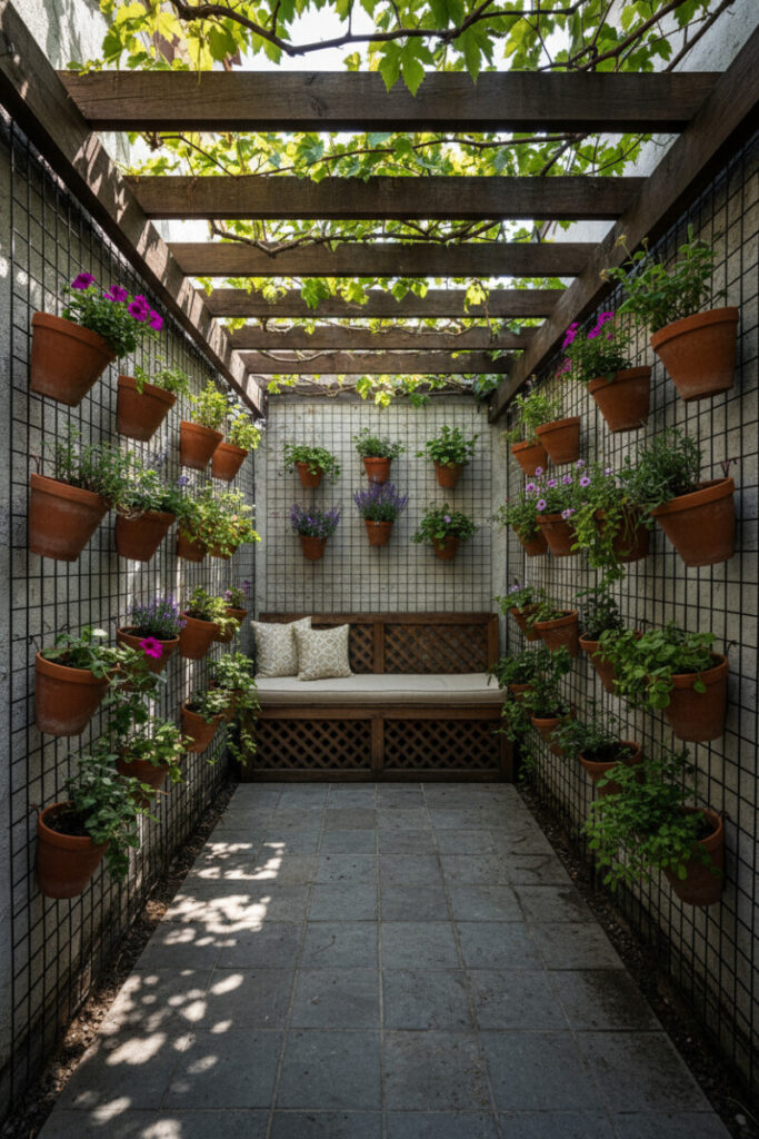 Narrow vertical garden oasis with rows of terracotta pots, grapevine pergola, built-in bench, and cool gray tiles—lush Small Patio Ideas for privacy.