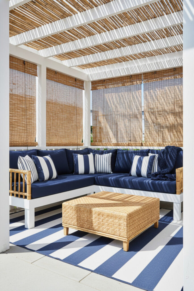 Nautical patio with white-and-navy sectional, striped rug, bamboo frames, and slatted pergola—breezy Small Patio Ideas in blue and white.