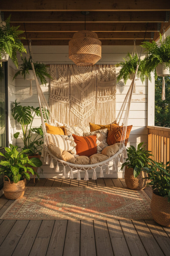 Modern boho nook with macramé wall hanging, woven hammock chair, rattan pendant, vintage rug, and golden-hour shadows—patio decorating tips meet Small Patio Ideas in a cozy setting.