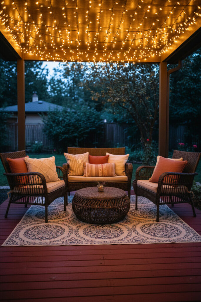 Romantic covered patio glowing with dense fairy lights over rattan seating, round ottoman, and patterned rug—patio decorating tips and small patio ideas on a budget.