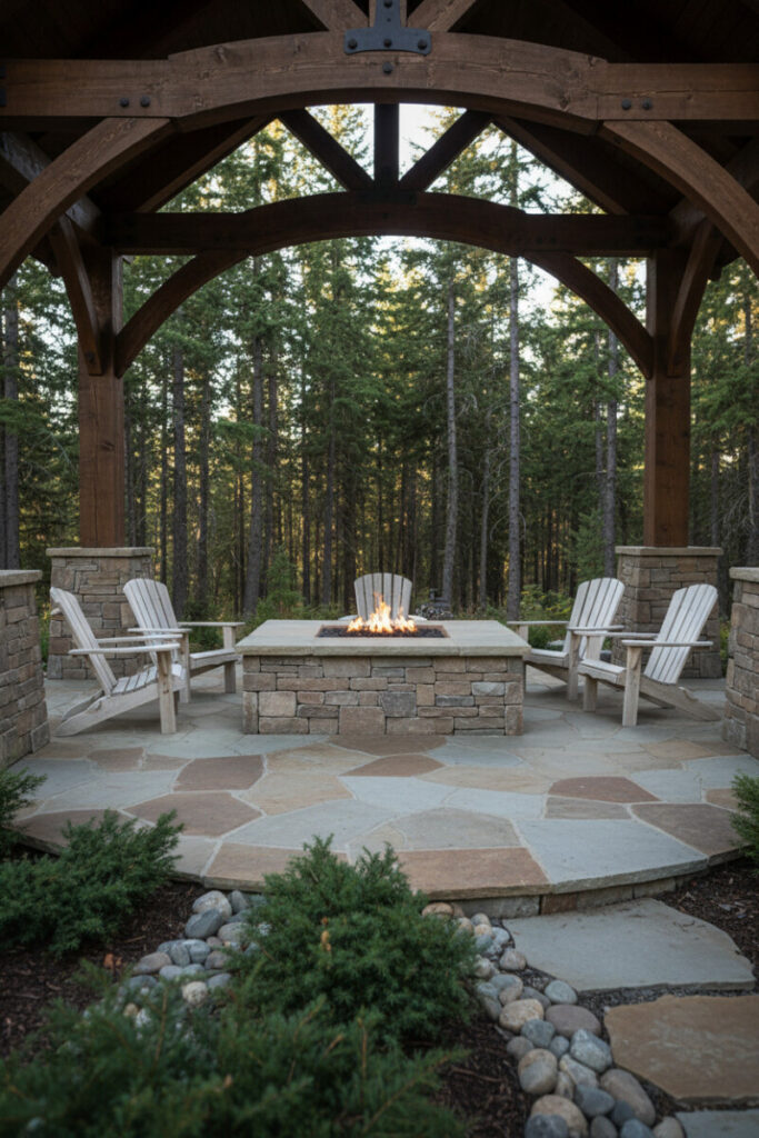Forest-edge stone patio with square fire pit, Adirondack chairs, irregular flagstone, and timber pavilion—nature-forward backyard patio designs.